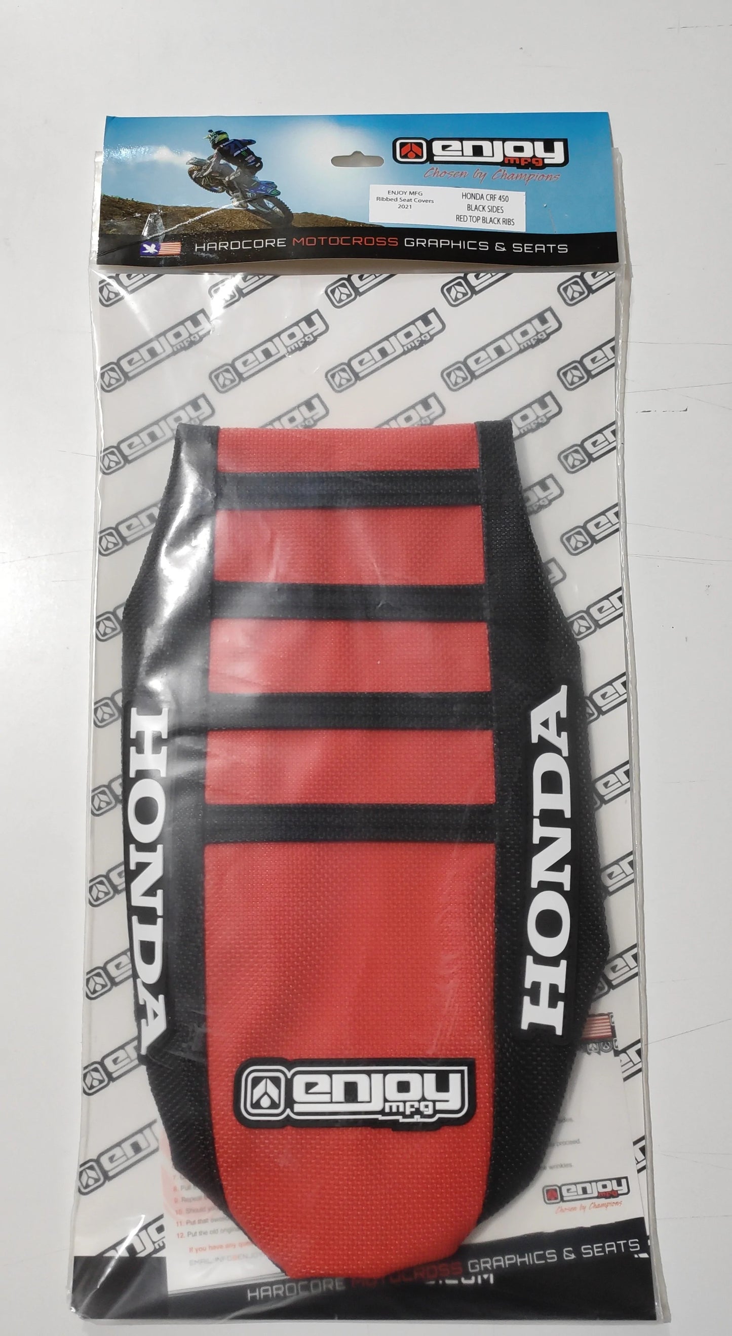 Enjoy Manufacturing Honda Sear Cover CR 125 CR 250 2002 - 2007 Ribbed Logo, Black / Red / Black